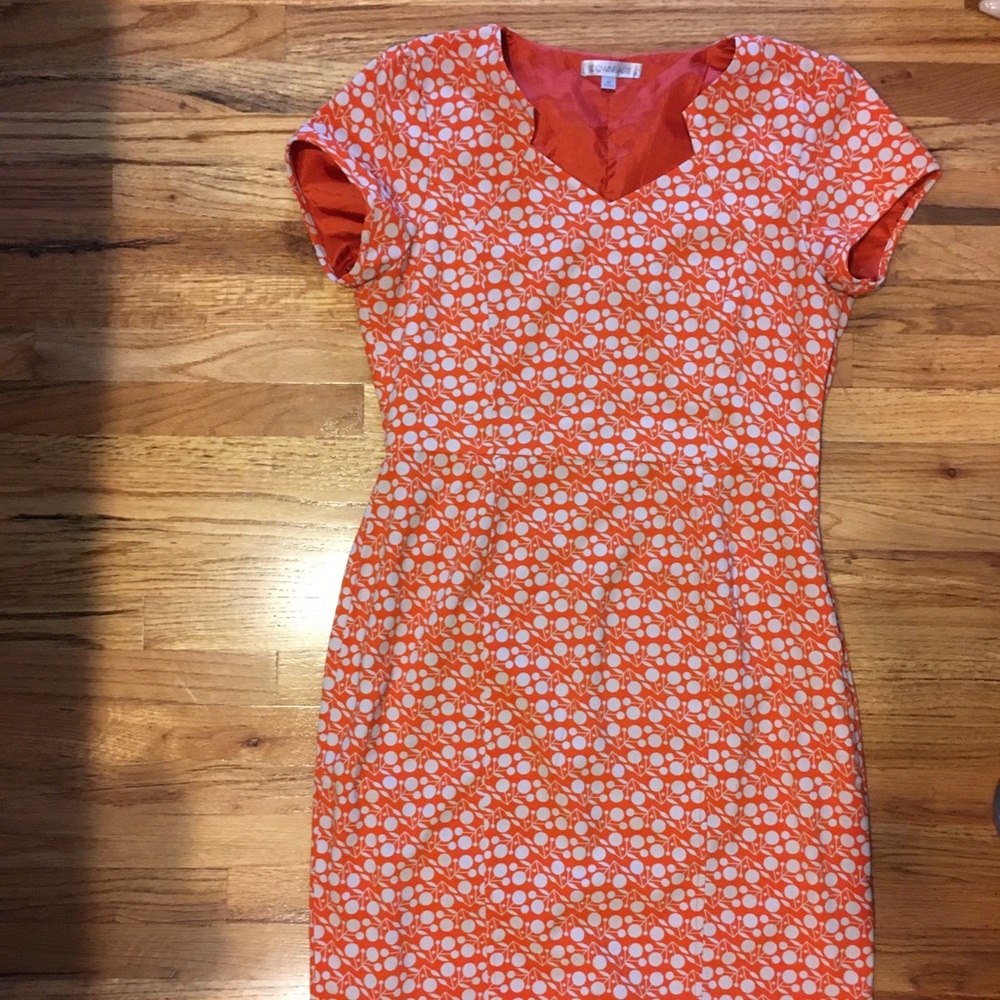 Downeast orange dress, cream/gray floral pattern